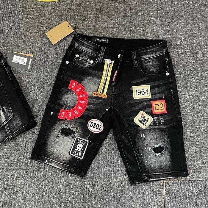 quần short jean nam đen xanh khóa kéo lệch thêu logo cực đẹp mẫu mới vải co giãn