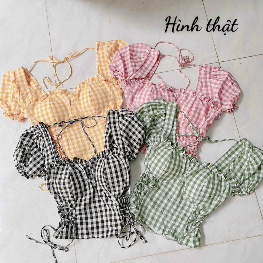 Áo Kiểu Nữ Nhúng Chỉ Croptop Caro Đan Dây Hông
