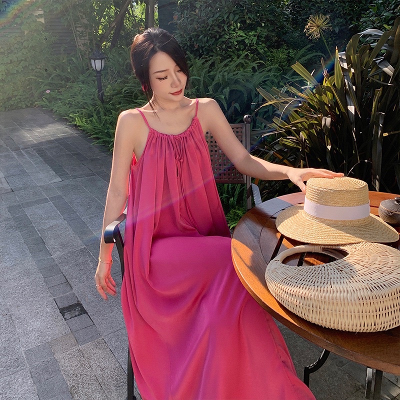 Đầm maxi dây hở lưng màu hồng bo chun dây cổ và lưng