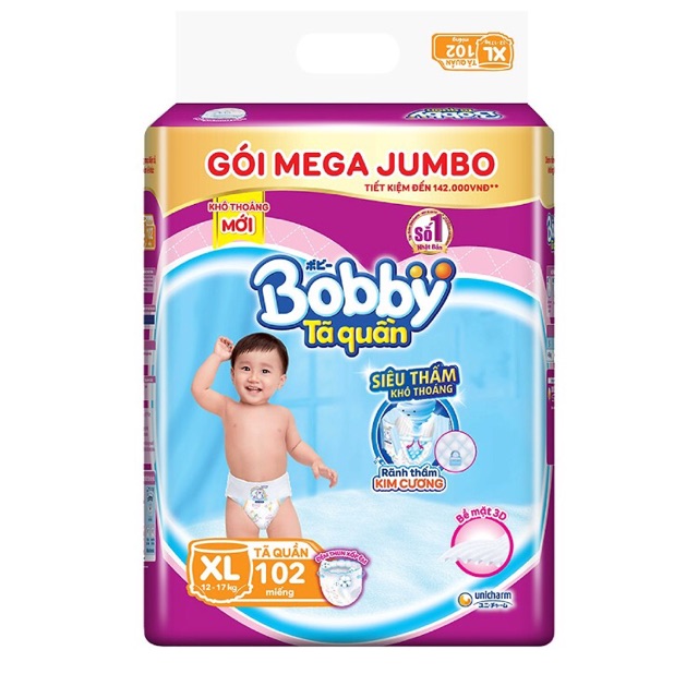 Tã quần Bobby gói Mega Jumbo L111/ XL102/ XXL93/ M120