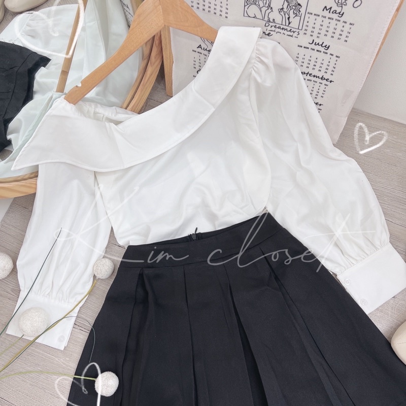 SET ÁO LỆCH VAI GÀI NÚT + CHÂN VÁY XẾP LY