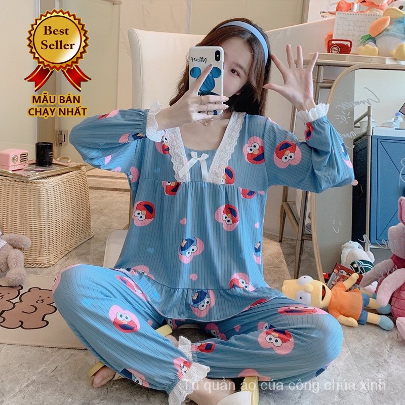 Bộ Đồ Ngủ Tay Dài Mềm Mại Co Giãn Đính Nơ Dễ Thương Cho Bạn Gái