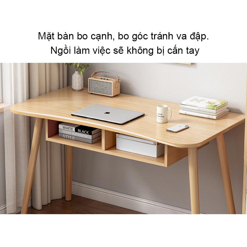 Bàn làm việc tích hợp hộc tủ để đồ tiện lợi chân gỗ tự nhiên chắc chắn, bàn học bền bỉ màu trắng gỗ MDF cao cấp