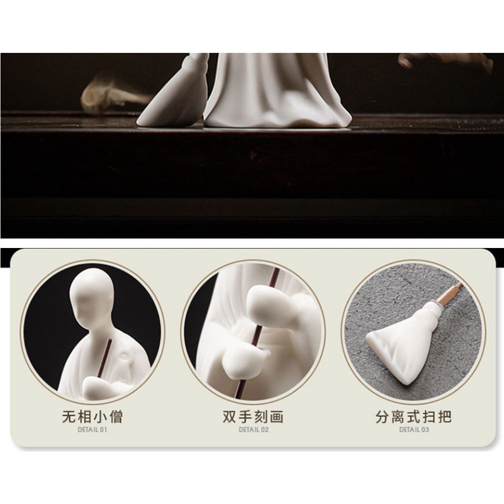 Tượng Gốm Nhà Sư Quét Lá - Gốm Tử Sa Trắng Cao Cấp