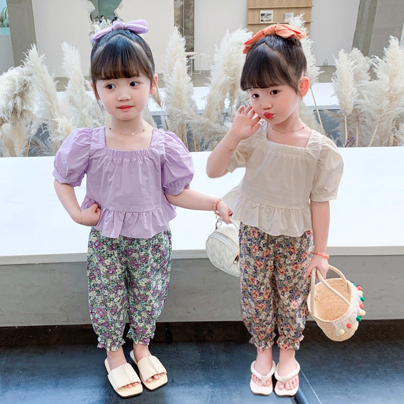 Girls summer western style 2021 new children's Korean version of the net red summer baby floral mosquito pants two-piece suit