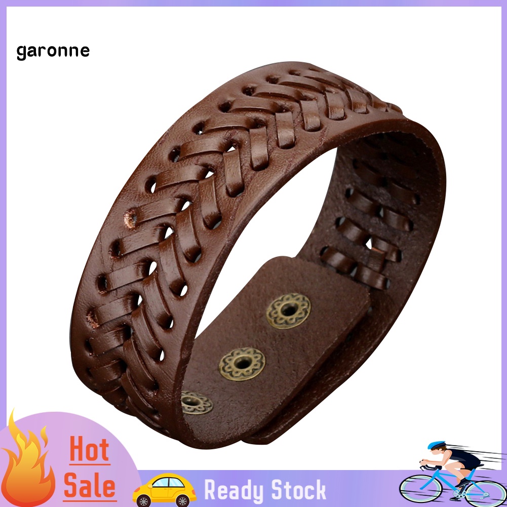 GAR Vintage Men Faux Leather Wide Braided Bracelet Cuff Button Wristband Bangle