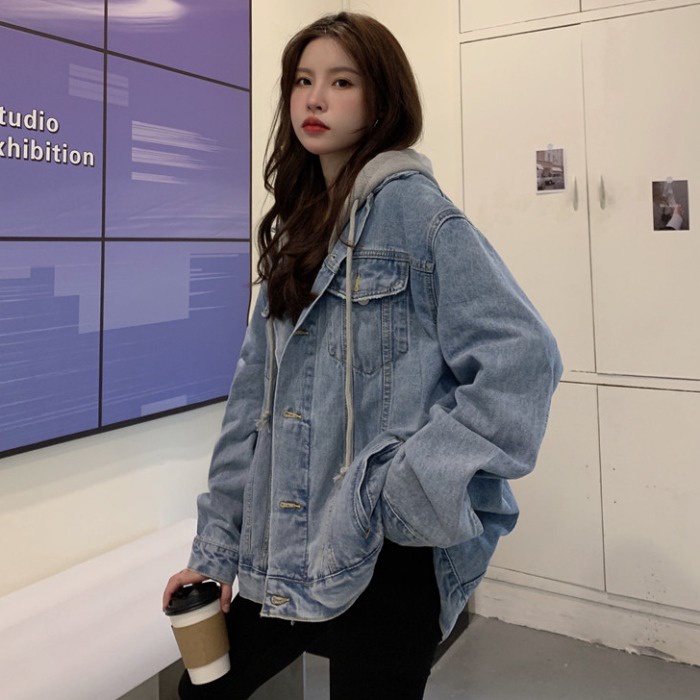 Áo khoác bò Áo khoác denim FIRST DATE jean có mũ trùm đầu mùa thu đông