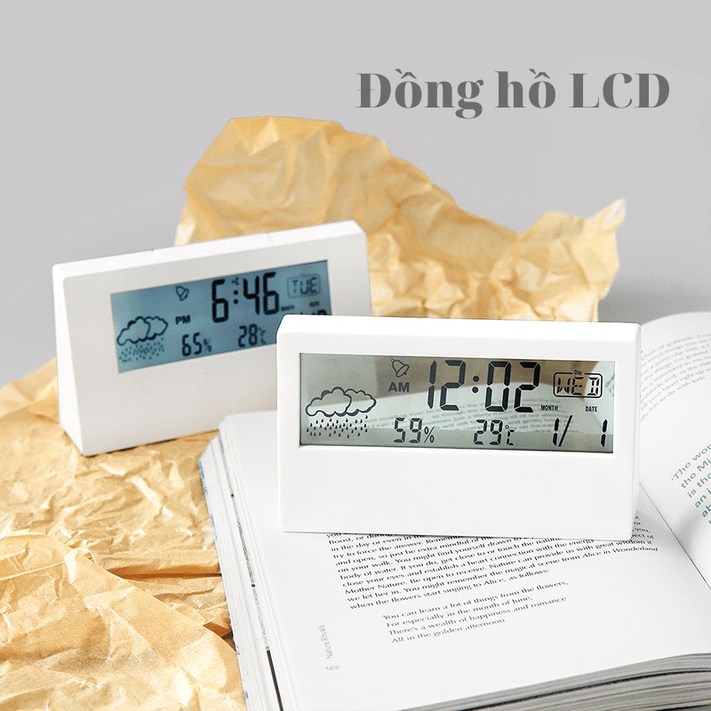 Đồng Hồ Báo Thức Điện Tử LCD Trong Suốt Để Bàn Có Đèn LED Nền Hiển Thị Lịch, Nhiệt Độ - Độ Ẩm (tặng kèm pin)