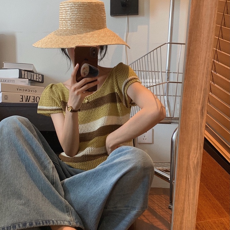 【ZHELIHANGFEI】Áo Thun Dệt Kim Tay Ngắn Dáng Rộng Kẻ Sọc Màu Sắc Tương Phản Độc Đáo