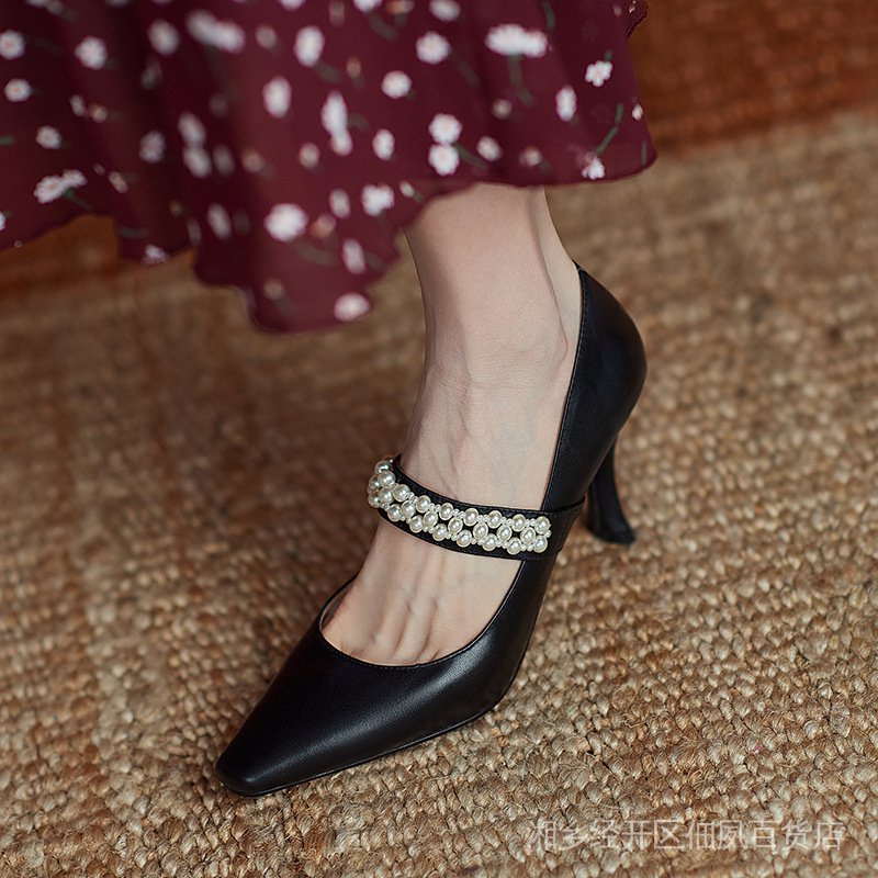 Giày Cao Gót Một Hàng Nút Ngọc Trai Mary Jane Phong Cách Pháp Thời Trang Mùa Hè 2022 Mới Cho Nữ