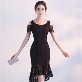 Đầm ren đen cao cấp đuôi cá dài hở vai