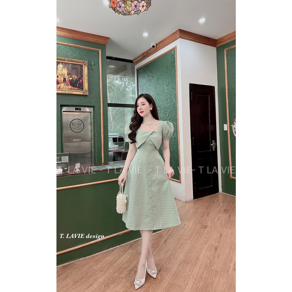 Đầm váy nữ dáng xòe dự tiệc cổ vuông tay phồng đính nút với 2 màu( xanh, trắng) sang chảnh, xinh xắn dành cho nàng