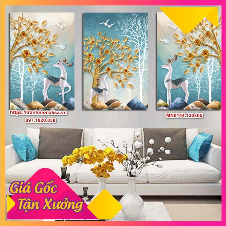 Tranh thêu kín Hươu xanh ngọc bích (bộ 3 bức) 130x65 - 165x80cm