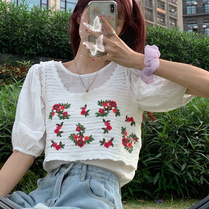 Brroa Áo Croptop Dệt Kim Không Tay Thêu Họa Tiết Hoa Lá Phong Cách Bohemian Thời Trang Mùa Hè Cho Nữ