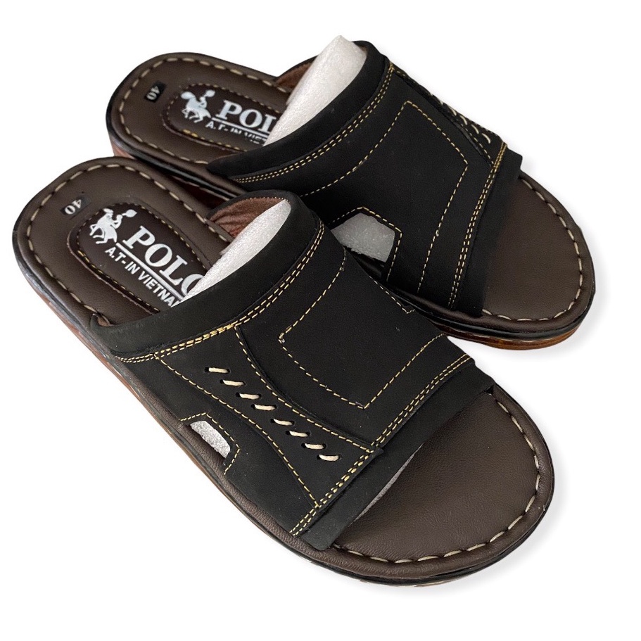 Dép da nam cao cấp đế khâu viền màu đen ms 011