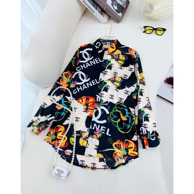 Áo Sơ Mi Nữ Hoạ Tiết Chanel và Hoa Form Dài Lụa Satin Mềm Mượt