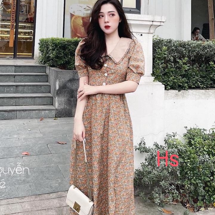 váy Liền Thân Tay Bồng Dáng Xòe Vintage Hoa cổ sen vuông-HươngSu-(PVN1260)