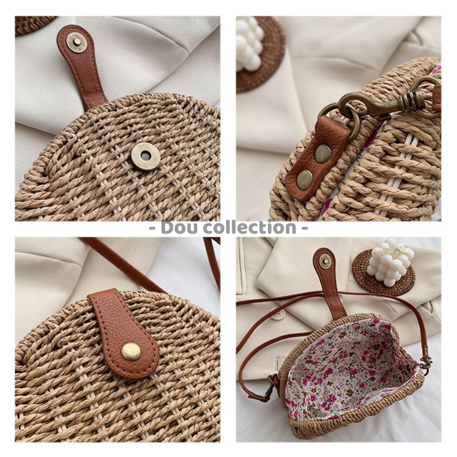 Túi cói đi biển nữ, Túi đeo chéo mini rơm Raffia trơn phong cách Vintage thời trang mùa hè màu nâu be - Mã TC013