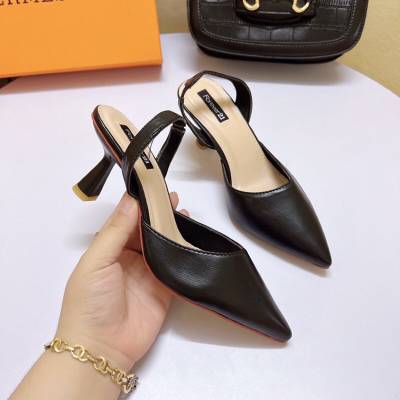 Giày sandal nữ công sở bít mũi chun sau gót nhọn 5p da lì trơn dễ đi