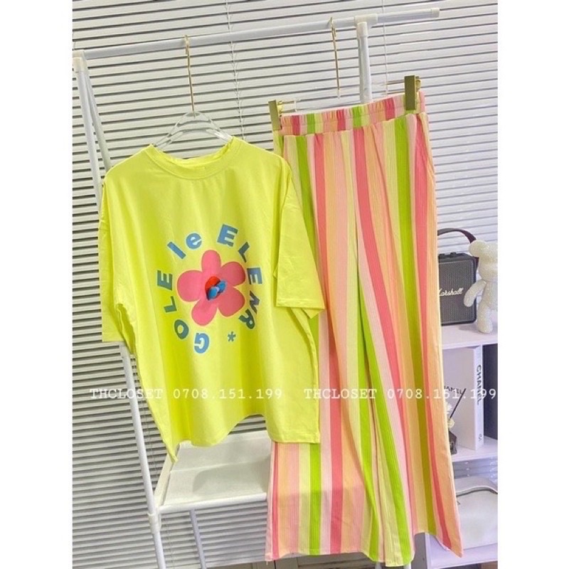 Set áo cotton cam  đính nơ quần suông cầu vòng