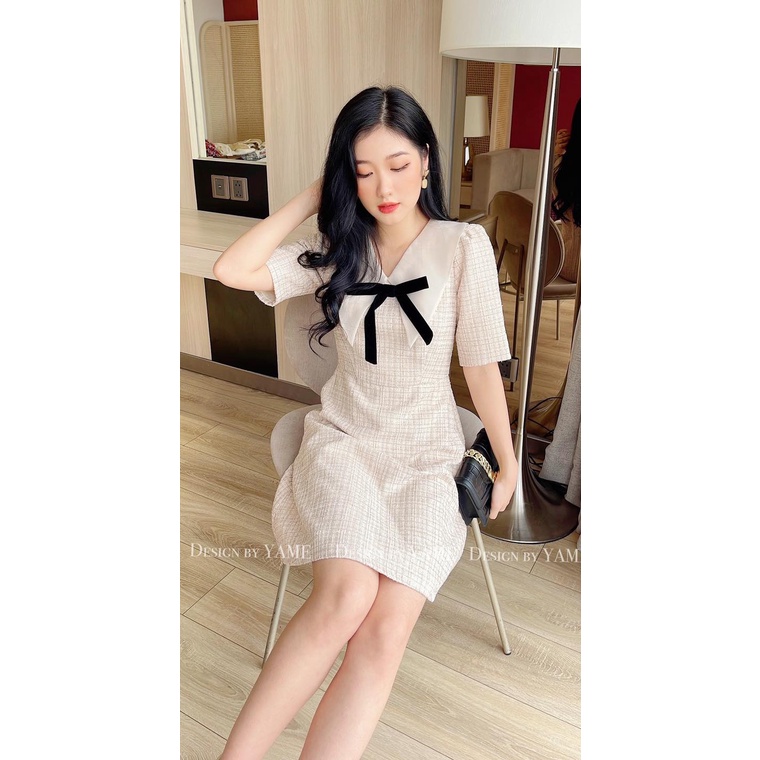 Váy dạ cổ phối voan đính nơ màu be Maya Dress