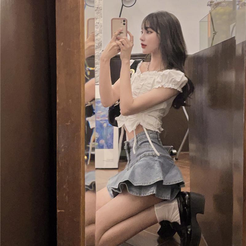 Jiashucheng Chân Váy Denim Lưng Cao Xếp Ly Xinh Xắn Dành Cho Nữ
