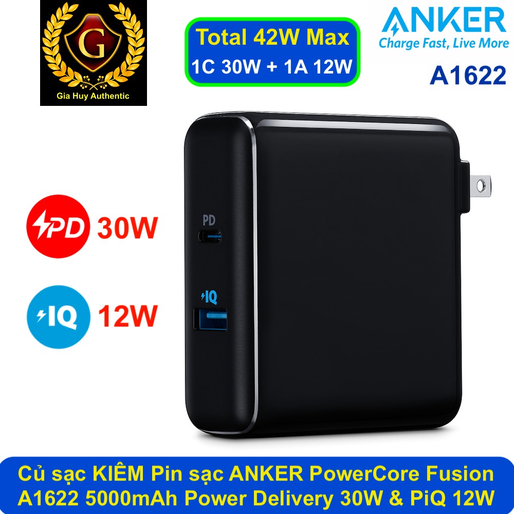 {Used} Củ sạc KIÊM Pin sạc dự phòng ANKER PowerCore Fusion A1622 Power Deivery 30W 5000mAh (1C PD 30W + 1A PiQ 12W)