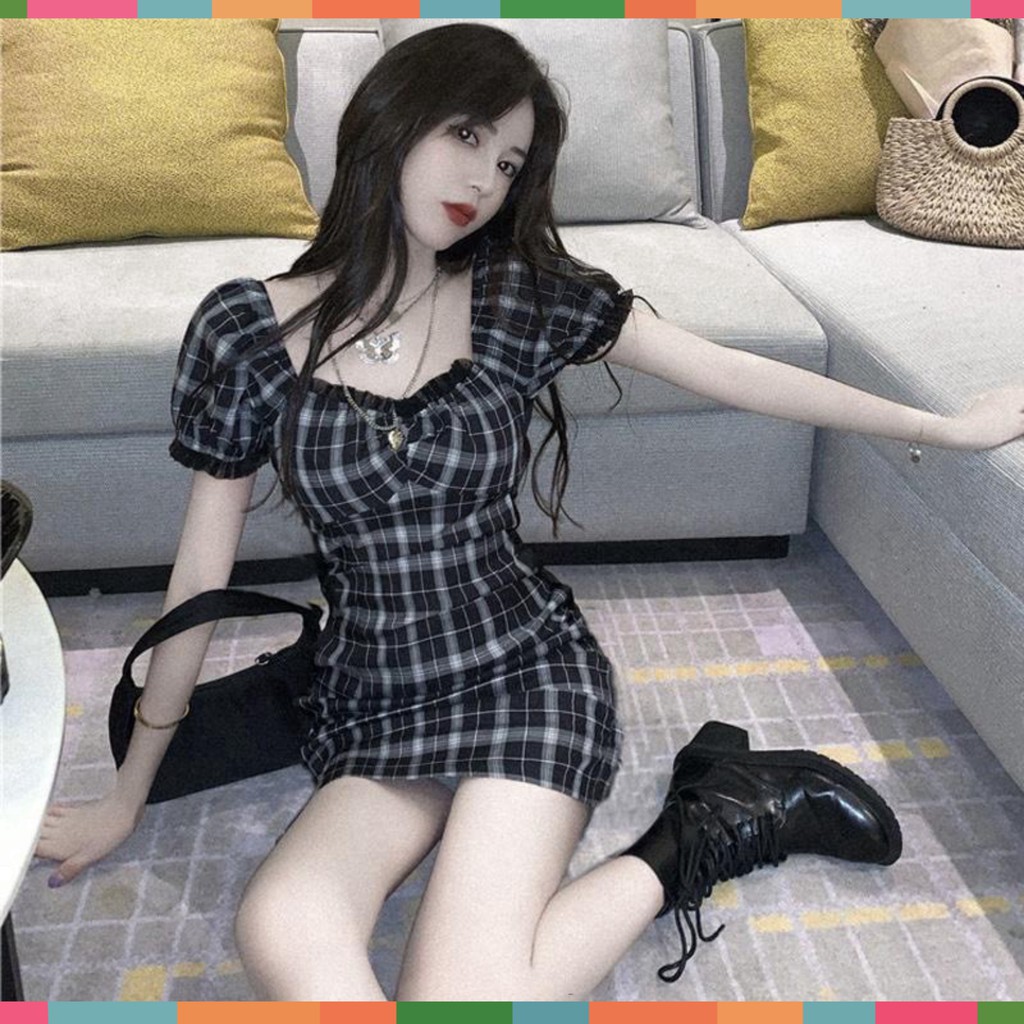 Đầm Nữ Kẻ Đen Bèo Ngực ️🎶 Váy Nữ Cộc Tay Cổ Vuông Dáng Ngắn