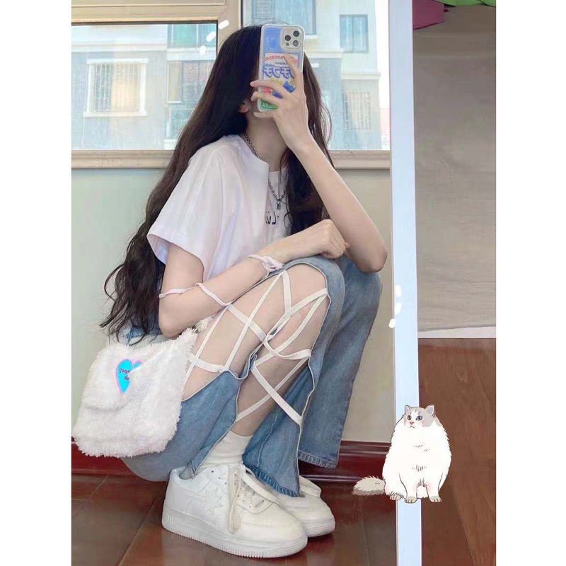 Quần jean lưng cao ống rộng thiết kế thời trang phong cách cá tính cho nữ