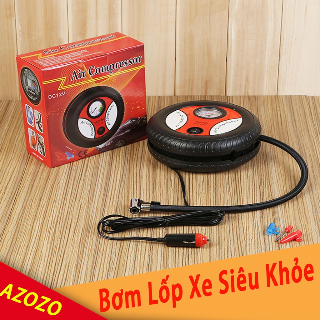 [ Loại Khỏe ] Bơm lốp tròn mini điện 12V đa năng - máy bơm xe ô tô mini - Bơm lốp ô tô hình bánh xe AZOZO