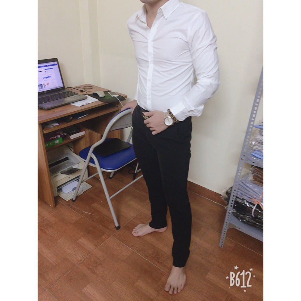 Áo sơ mi nam vải nến lụa không nhăn dáng ôm màu trắng