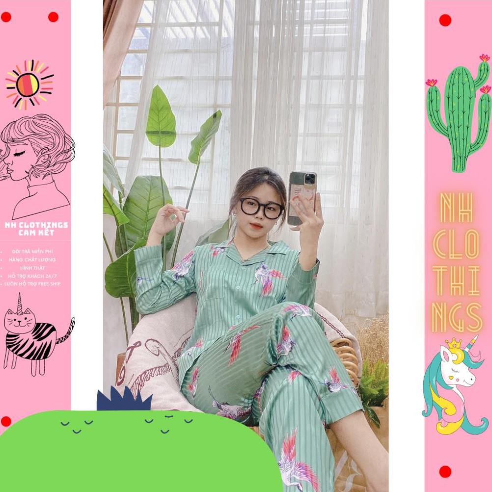 Bộ đồ ngủ, đồ bộ pijama lụa nữ mặc nhà Gấm áo tay dài quần dài free Size 40kg đến 60kg NH CLOTHINGS