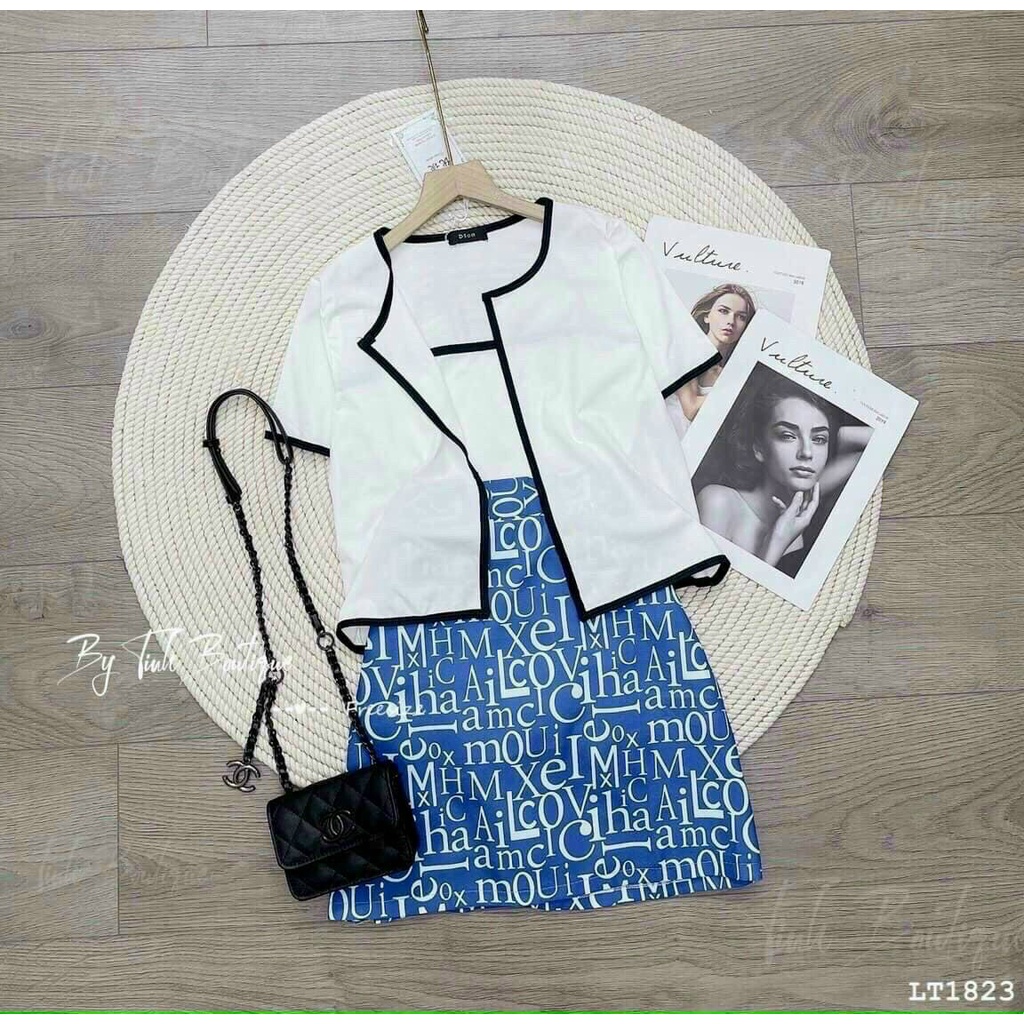 Sét 3 món nữ áo khoác, áo hai dây phối chân váy in hoạ tiết