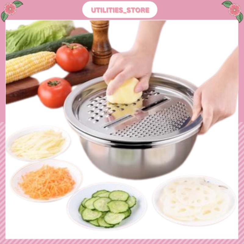 Rổ nạo củ quả inox 3 món bộ dụng cụ nạo rau củ đa năng giúp tạo hình đẹp mắt