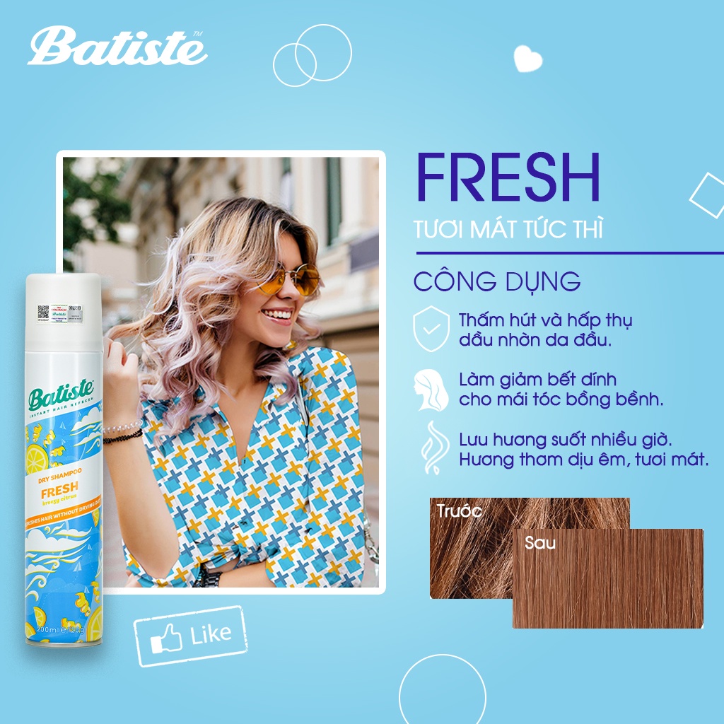 Combo 2 Chai Dầu Gội Khô Batiste 200ML Giúp Tóc Hết Bết Dính Tươi Mát Tức Thì (Original&Fresh 200ml)