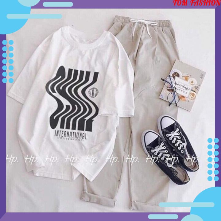 Sét Bộ Đồ Nữ Mặc Đi Chơi Dự Tiệc, Mặc Ở Nhà Mùa Hè, Áo Thun Làn Sóng Mix Quần Kaki Phong Cách Hàn Quốc
