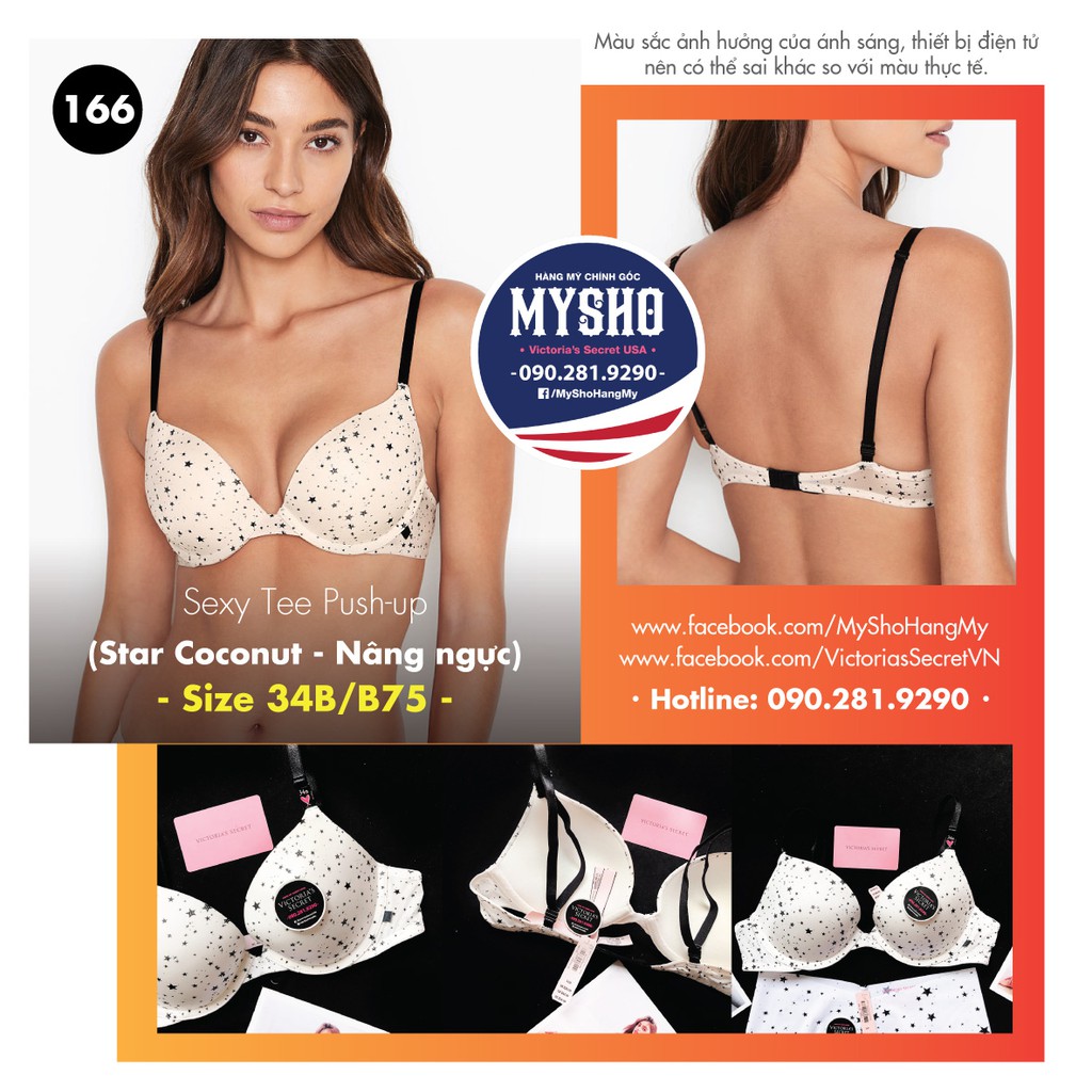 (Áo Vic) 34B, B75 - Áo lót kem trắng in sao (166), dòng Sexy Tee Push-up, Star Coconut - Victoria's Secret