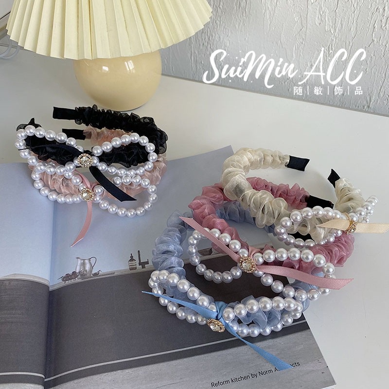 Băng Đô Nơ Lưới Đính Ngọc Trai Xinh Xắn Hàng Mới