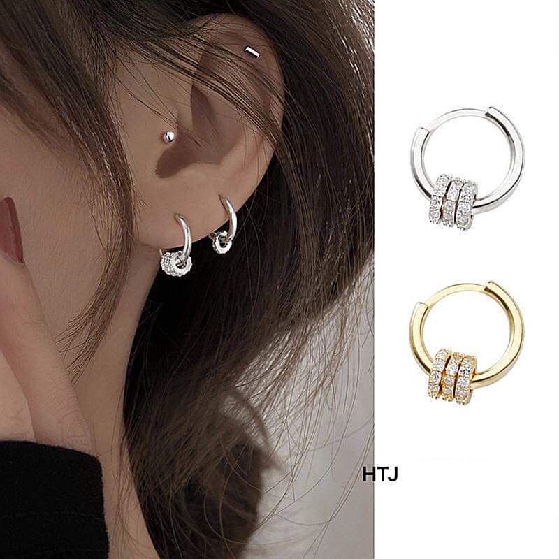 Khuyên tai bạc khuyên tròn basic bạc 925 xâu hạt đính đá xi kim Van Jewelry V10370