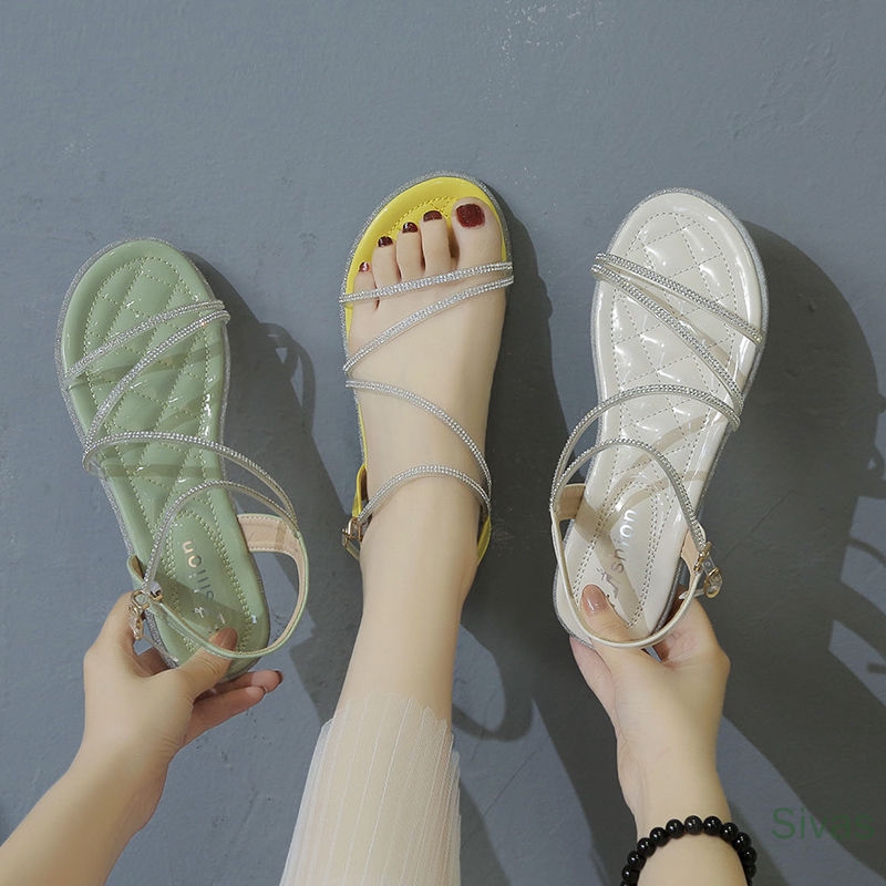 Giày sandal đế bệt quai trong suốt đính đá thời trang mùa hè dành cho nữ