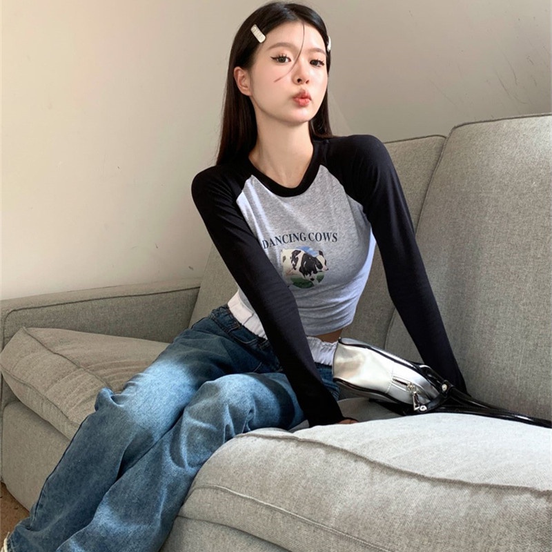 Áo Thun Tay Dài Dáng Ôm In Họa Tiết Dễ Thương Phối Màu Tương Phản Thời Trang Cho Bạn Gái