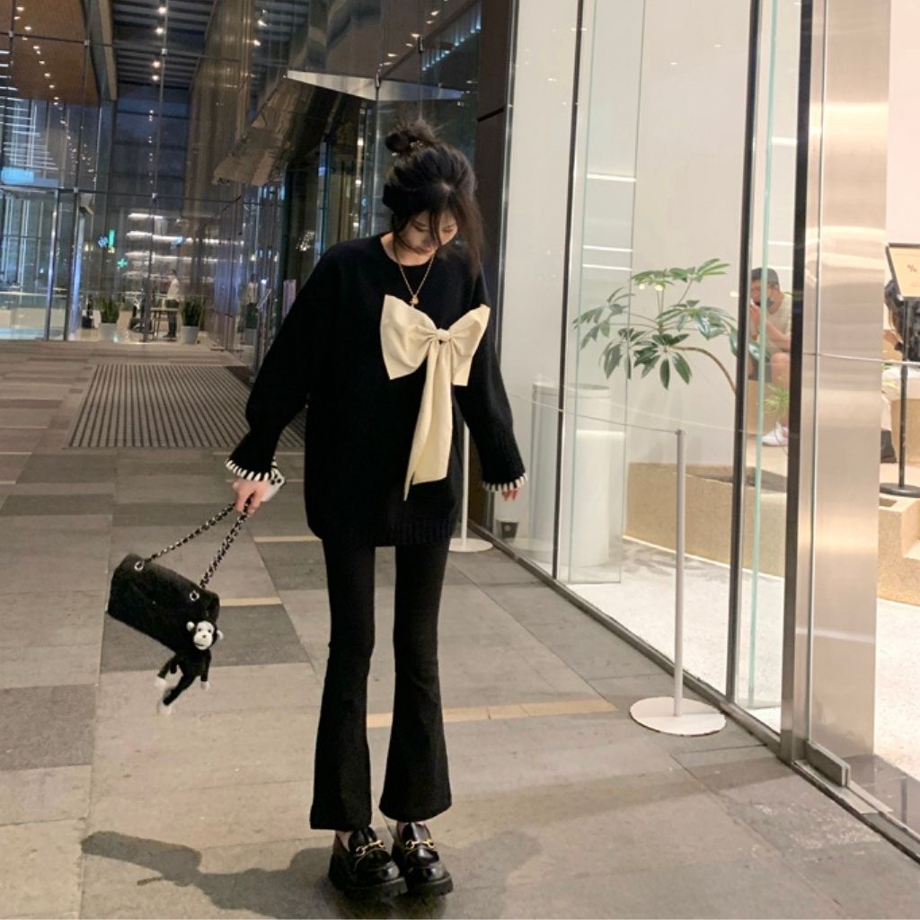 Áo len nữ form rộng dáng dài màu đen kèm nơ phong cách thu đông Hàn Quốc