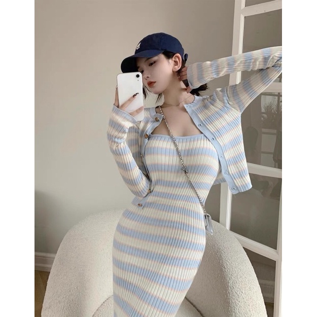 SET VÁY 2 DÂY LEN BODY + ÁO CARDIGAN LEN