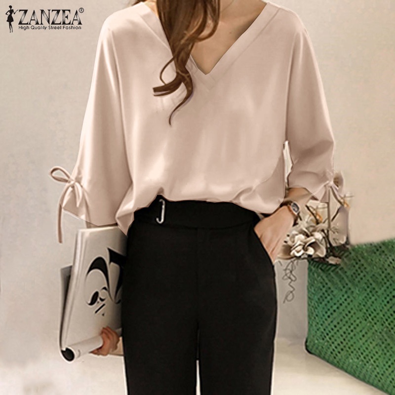 Áo ZANZEA tay 3/4 cổ chữ V màu trơn phong cách Hàn Quốc thời trang dành cho nữ