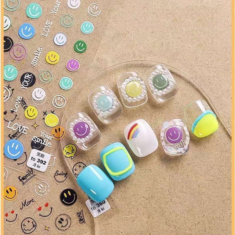 [Hàng mới về] Tờ miếng dán trang trí móng tay hình mặt cười 3D màu kẹo xinh xắn DIY