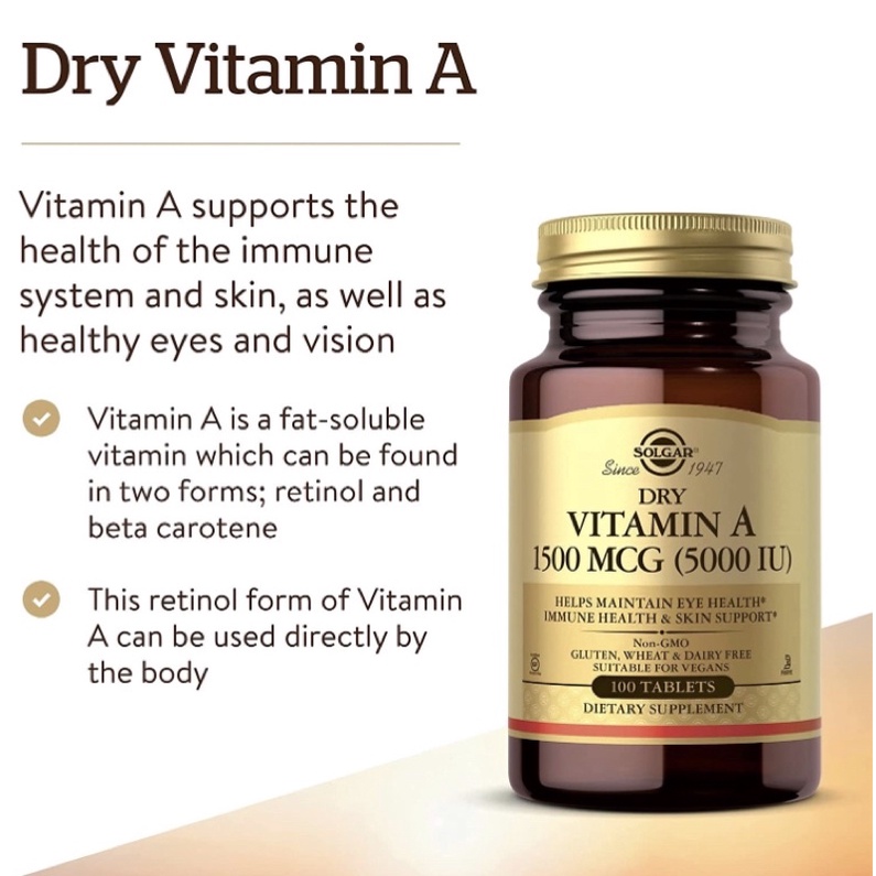 Viên chay Solgar Dry Vitamin A 1500 mcg (5000 IU) 100 viên USA