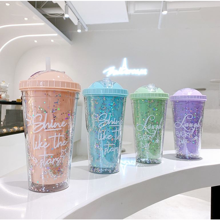 Bình Nước Kim Tuyến Dung Tích 550Ml Kèm Ống Hút Tiện Lợi Khi Đi Du Lịch