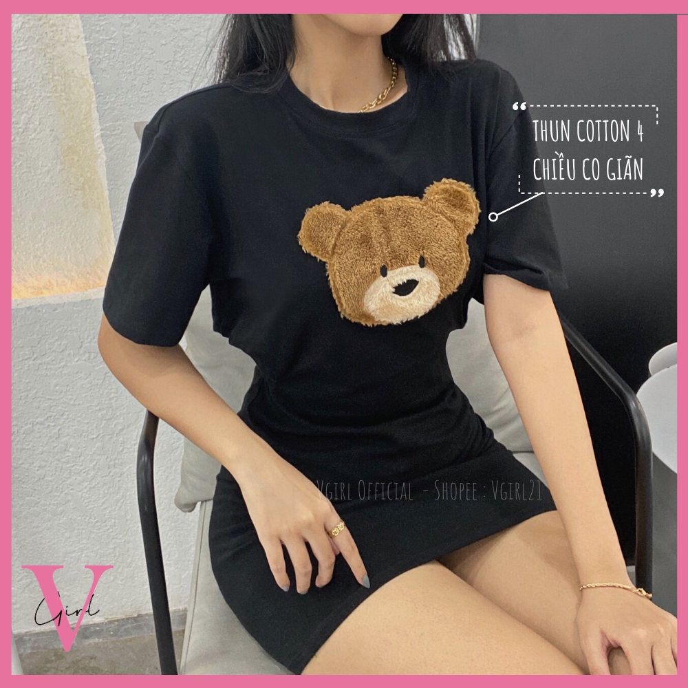 Đầm body khoét eo VGIRL phối tay áo thun kiểu dáng ôm hình thêu gấu Teddy dệt lông [ẢNH ĐỘC QUYỀN] | BigBuy360 - bigbuy360.vn