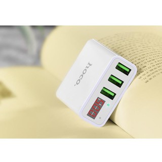 Cốc sạc 3 cổng Hoco C15 3A - màn hình LCD hiển thị điện áp - hàng chính hãng