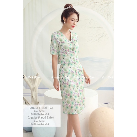 Double Dots- Set áo + chân váy hoa dáng bút chì,hai màu xanh/hồng hoa xinh xắn